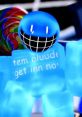 Bluedude character in vibrant blue with a playful smile, promoting engagement with the phrase "tem bluuudi get inn now.
