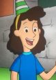 Betsy from Curious George, wearing a party hat and blue shirt, smiles joyfully at a birthday celebration.