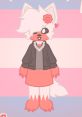 Cute character with fluffy white hair, wearing a gray jacket and pink skirt, set against a colorful background.