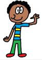 Colorful cartoon character with curly hair, smiling, wearing a striped shirt and green pants, waving cheerfully.