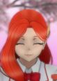 Cheerful character Akane Toriyasu smiles against a vibrant cherry blossom backdrop, showcasing her distinctive red hair.