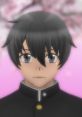 Taro Yamada, a character with dark hair and gray eyes, stands against a pink sakura backdrop, showcasing a serene expression.
