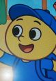 Joyful character from Bimooo, wearing a blue cap and shirt, smiling while waving in a fun, colorful environment.