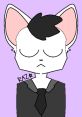 Cartoon character with cat ears and black hair, wearing a suit against a purple background, conveying a subdued mood.