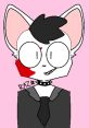 Cartoon character with cat ears, wearing a black suit and choker, features playful style and a hint of danger.