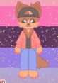 Stylized cartoon wolf character wearing a pink jacket and cap, set against a colorful, sparkly background.