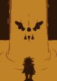 Confrontation scene in Deltarune, featuring a mysterious character facing a towering, menacing figure against an eerie background.