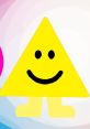 Happy yellow triangle character with legs, inspired by Mister Maker, set against a colorful background.
