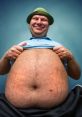 Smiling man lifting his shirt to reveal a round belly, wearing a green hat against a blue background.