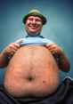 Smiling man lifting shirt to reveal belly, showcasing body positivity and humor in a relaxed setting. Cm 23 8 25 3 themes.