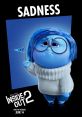Sadness from Inside Out, wearing a white sweater, holding a flag saying "YAY!" with a gloomy expression. Flying in Inside Out 2.