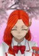 Smiling Jashin-Chan with bright red hair, wearing a school uniform and bow, set against a pink cherry blossom backdrop.