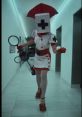 Cosplay of the Reaper Nurse from Dark Deception, showcasing a red and white outfit and a menacing prop in a hallway.