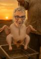 A comical scene featuring a person with a chicken's body, humorously blending culinary themes in a sunset backdrop.