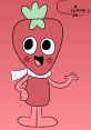 Cheerful character from Sprout Dandy's World, featuring a strawberry design with a scarf against a pink background.
