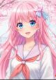 Anime girl with long pink hair and blue eyes, wearing a school uniform against a backdrop of cherry blossoms.
