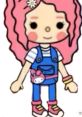 Cute character with pink curly hair, wearing blue overalls, a striped shirt, and colorful accessories, representing Doris.