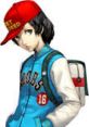Shinya Oda from Persona 5 in a blue varsity jacket and red cap, embodying youthful energy and gaming enthusiasm.
