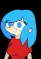 Mallie Blumpkins character illustration with vibrant blue hair and a red shirt, conveying a confident expression.