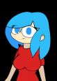 Cartoon character with blue hair and big eyes, wearing a red shirt, embodying a unique and playful style.