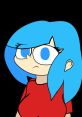 Angry Mallie Blumpkins with bright blue hair and a red shirt, conveying strong emotions against a black background.