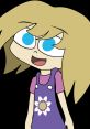 Cheerful cartoon character Daisy Humman with blonde hair and blue eyes, wearing a purple dress adorned with a flower.