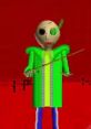 Baldi from Baldi's Basics, with a green outfit and stick, stands against a vibrant red background.