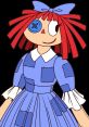 Cheerful Raggy character with red hair and a blue dress, showcasing a playful and patchwork aesthetic.