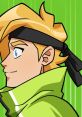 Character profile of a cheerful, blonde individual in a green jacket with a black headband against a vibrant background.