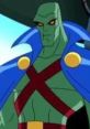 Martian Manhunter in his iconic blue cape and red emblem, showcasing his powerful alien presence and heroic demeanor.