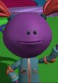 Jazzi, a playful purple character with pigtails, dressed in a colorful outfit, ready for adventures in a vibrant setting.