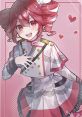 Kasane Teto, a Vocaloid character, smiles playfully in a stylish outfit against a pink backdrop with hearts.