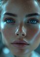 Close-up of a young woman with sparkling skin, captivating blue eyes, and subtle freckles, showcasing beauty and radiance.