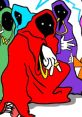 Colorful robed figures gather, featuring a prominent red cloak, conveying a mystical vibe related to Shadow Wizard themes.