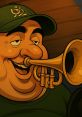 Joyful character playing a trumpet, embodying the lively spirit of Das Steinmettboard🪨 with a cheerful expression.