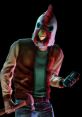 Character wearing a chicken mask and a jacket, holding a hammer and a tape recorder, set against a dark background.