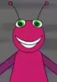 Cheerful pink character Bugbo from Bugbo with large green eyes and a wide smile, showcasing a playful design.
