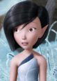 Spike from Tinkerbell with striking black hair, wearing a leaf-inspired outfit, expressing curiosity in a fantastical setting.