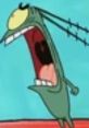 Plankton yelling with an exaggerated expression against a bright blue background, showcasing his iconic animated character style.