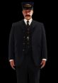 Conductor character from The Polar Express Video Game, dressed in formal attire with a cap and a distinctive mustache.