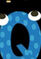 Colorful cartoon letter "Q" with big eyes, part of the "Q In My Whiz Kid Blocks" educational series for fun learning.
