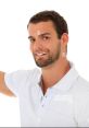 Smiling young man in a white polo shirt, pointing confidently with his right hand against a neutral background.