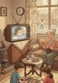 Cozy living room scene with an elderly woman knitting, children playing, and a vintage TV showcasing warmth and nostalgia.