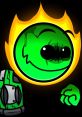 Cartoon character with a green face and fiery background, representing the creative attempt at "Самая удачная попытка сделать голос аби.