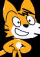 Cheerful orange cat character Scratchy with a big smile, hands on hips, set against a black background.
