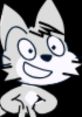 Cheerful cartoon character with a mischievous smile, featuring a gray cat design and bright expressive eyes.