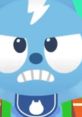 Blue cartoon character Meowyeow from Apt Apt, displaying an angry expression with a lightning bolt on its head.