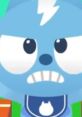 Angry blue cartoon character with a lightning bolt on its head, showcasing a fierce expression against a colorful background.
