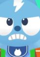 Angry blue cartoon character with big eyes and a lightning bolt on its head, ready for fun in "Meow Mooooooooooooo.