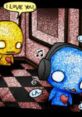 Colorful cartoon characters express emotions in a playful scene, featuring love and music themes in a vibrant setting.